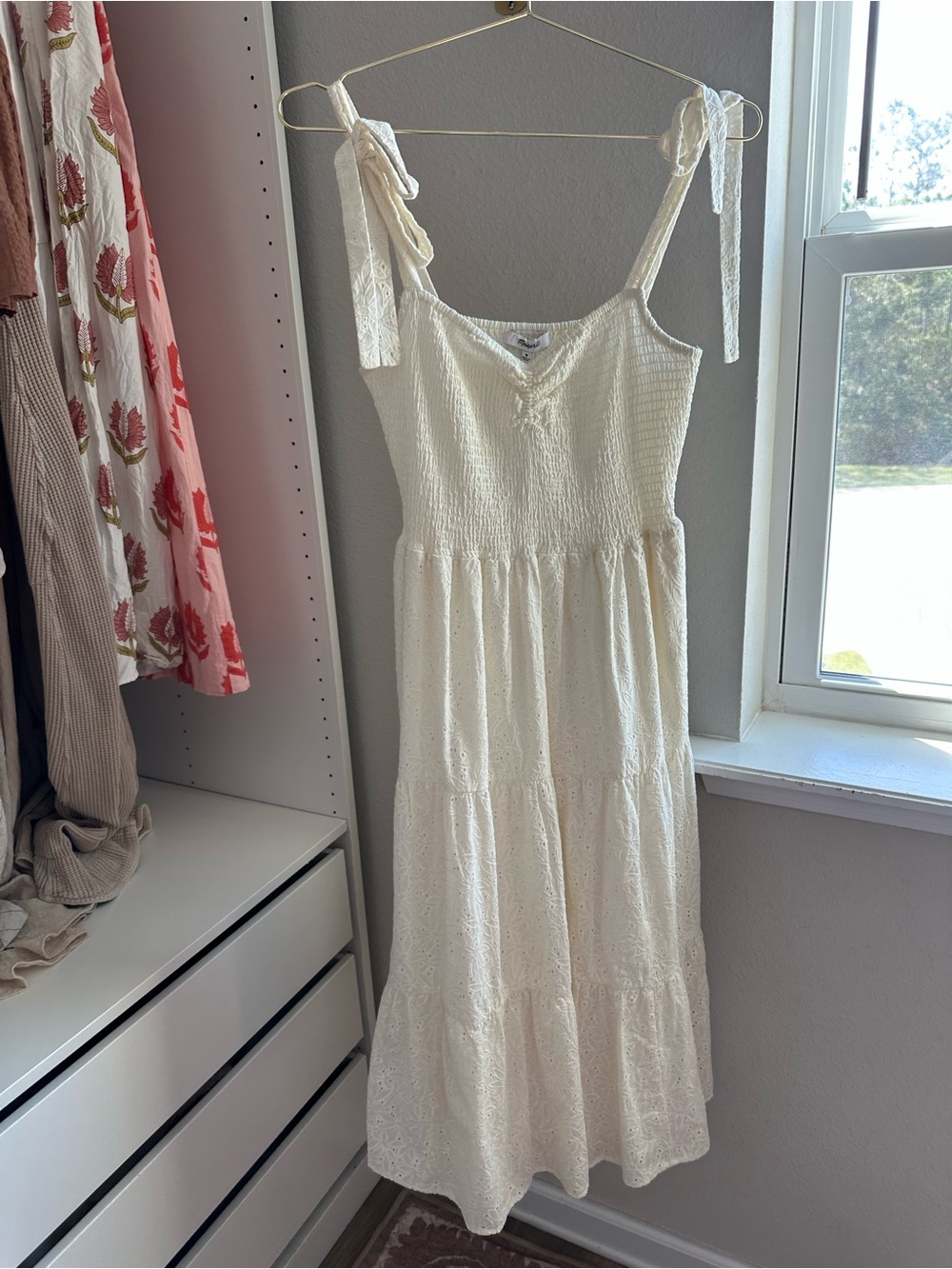 Madewell Cream Eyelet Tie-Strap Midi Dress